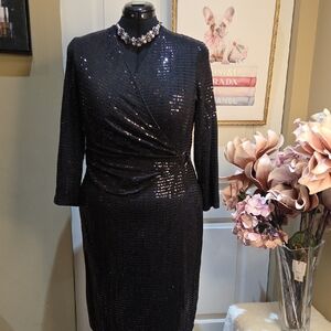 Nwot 16 Anne Klein Black Sequin Wrap-Style Long Sleeve Dress Pull On